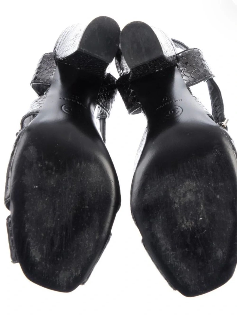 CHANEL Black Patent Python Block Heel Sandals